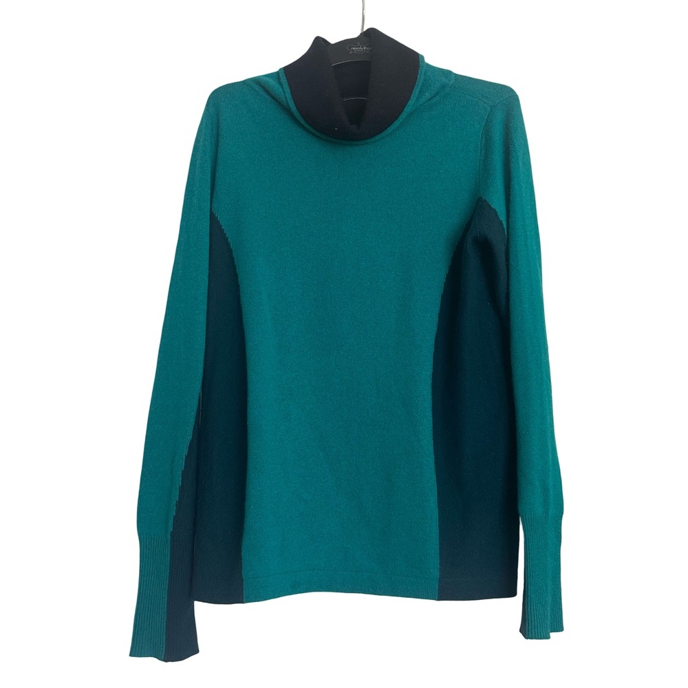 Magaschoni Mock Neck 100% Cashmere Knit Colorblock Teal Green Mock Neck Sweater